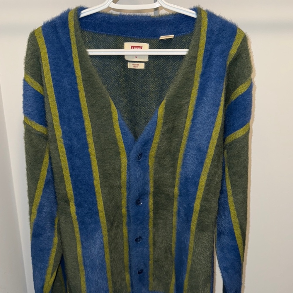 Levi's Blue and Green Cardigan Sweater with Bold Stripes